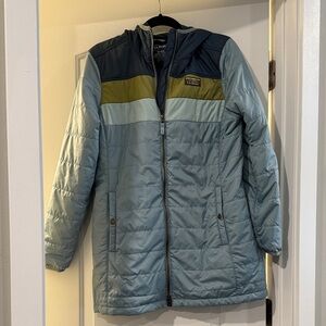 L.L. Bean Light Blue Quilted Parka with Olive and Navy Accents